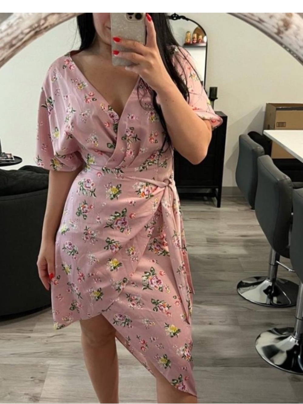 🟡Charles David Blush Pink Floral Wrap Mini Dress with Side Tie - Picture 6 of 10